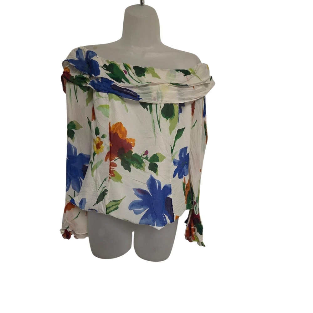 Chetta B Sherrie Bloom Silk Floral Off Shoulder Ruffle Blouse White Blue Size 12